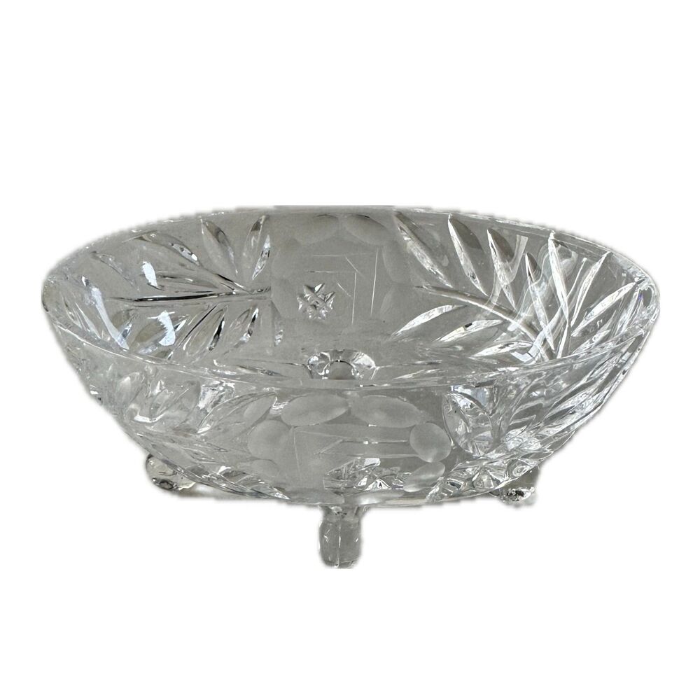 Vintage American Cut Leaf Pattern Footed Hungarian Glass Crystal Trinket Dish